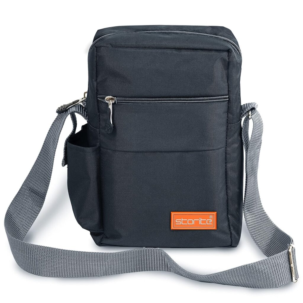 Storite 10 Inch Stylish Padded Mini Sling Bag for Men and Women, Small Passport Travel Bag and Small Sling Bag With Water Bottle Pocket (25 x 16 x 7.5cm, Dark Grey)