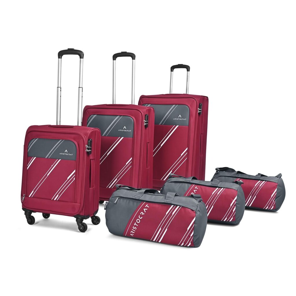 Aristocrat Polyester Trigon Hexa Active Luggage Set Of 6-3 Trolley Bags (Cabin 55Cm+69Cm+79Cm) & 3 Duffle Bags 52Cm For Travel With 5 Years International Warranty (Red,soft,4 Spinner)