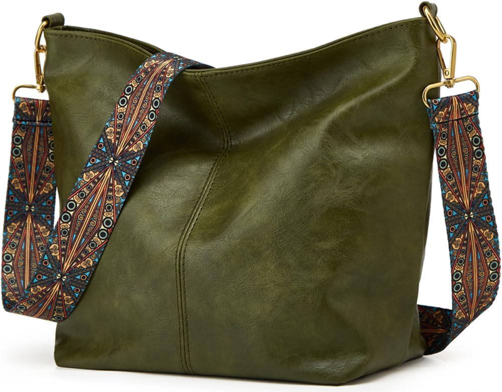 Kawn® Sling Bag for Women Girls with Wide Bohemian Guitar Strap Small Hobo Shoulder Bags For Work, Travel Vegan Leather Retro Fashion Crossbody Bag Ladies Purses with Zipper Handbags for Women