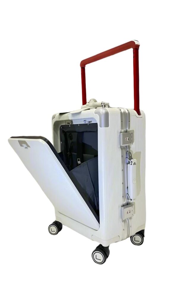 LUGGIT Executive Plus Cabin Travel Trolley Bag – White Suitcase Easy-Access Front Opening, Cup Holder, 360° Spinner 20 inches, Wide Telescopic Handle