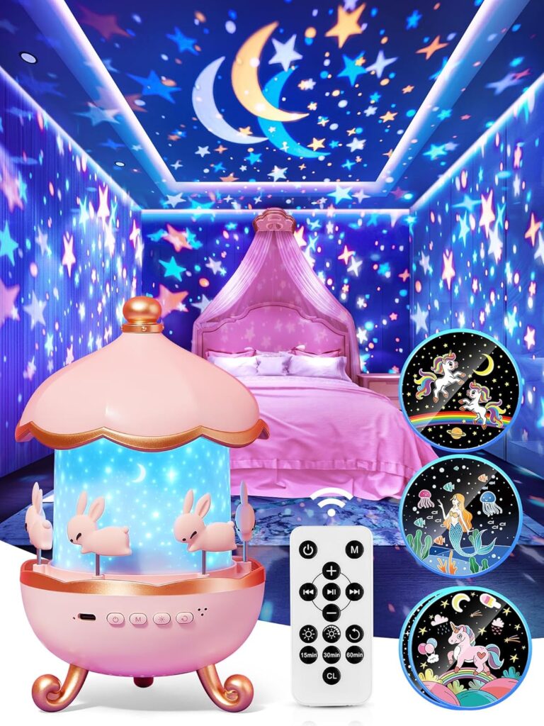 ONEFIRE Christmas Gifts for Girls Night Light Projector, 15 Films+10 Music Baby Night Light Projector Light for Kids, Remote Control, Pink Plastic Kids Room Decor