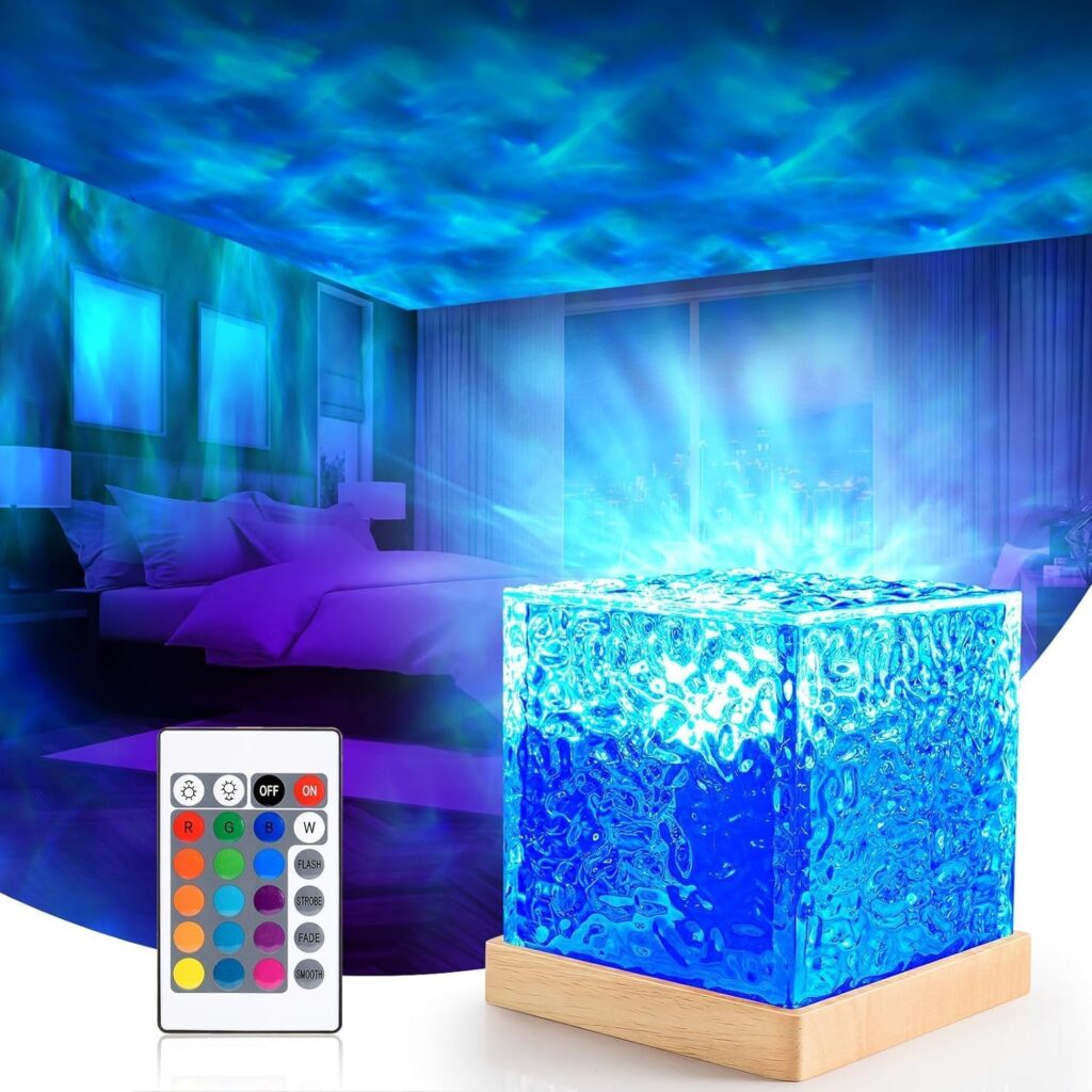Ocean Wave Night Light Projector Lamp, 3D Water Wave Effect, 16 Colors Gradual Rotating LED Projection Night Lamp with Remote Control for Bedroom Decor