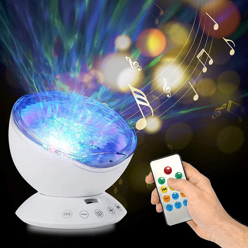 Citaaz Remote Control Night Light Ocean Wave Projector 7 Colourful Ceiling Mood Lamp with Bulit-in Speaker Music Player for Baby Adults Bedroom Living Room