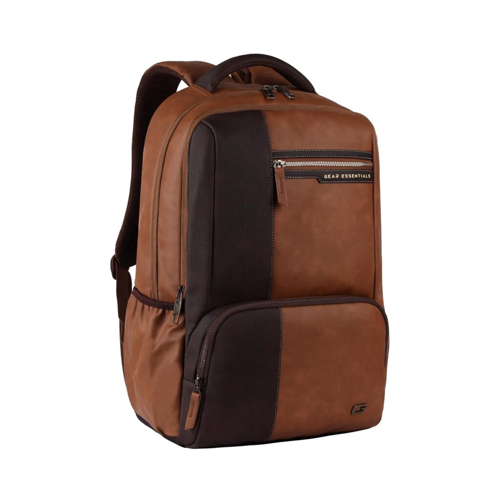 Gear Vintage 4 19″/29L Anti Theft Faux Leather Medium Water Resistant 4 Compartment Laptop Backpack/Casual Backpack/Daypack/Travel Backpack/College Bag For Men/Women(Tan-Brown)