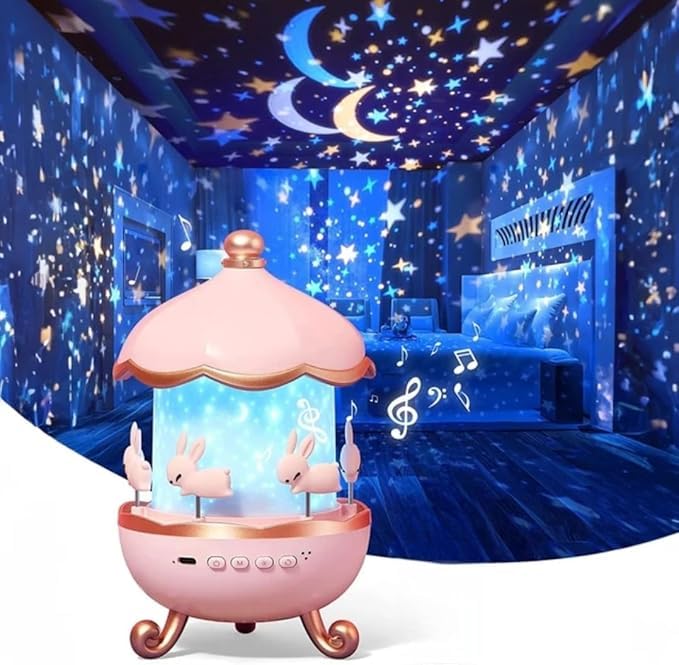 Ji and Ja Rotating Cabin Projector Lamp Star Projector Night Light for Kids Baby Sound Machine Night Light for Room Decor Kids Night Lights for Bedroom (12 Film Shade)