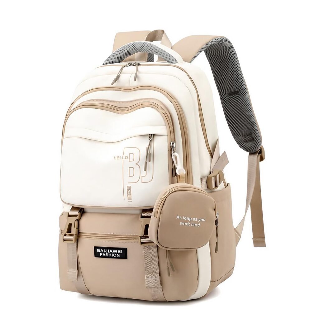 PALAY Casual Backpackk With Cute Accessory 18.1 Inch Bookbags With Pendant Laptop Bag Casual Lightweight Travel, beige
