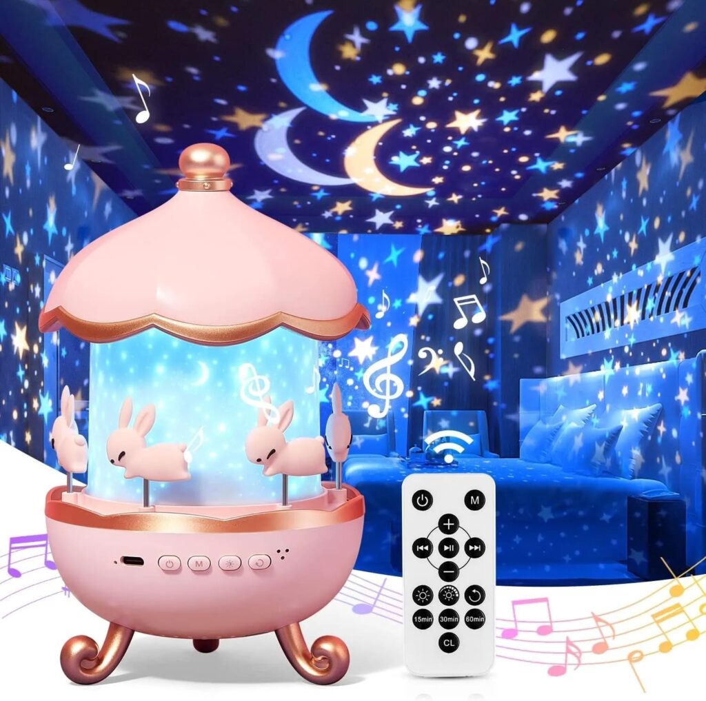 Pavilix Rotating Cabin Star Projector Night Light with Remote Control | 7 Light Colors & 6 Projection Themes & 8 Sounds | 360° Rotation Projection Lamp