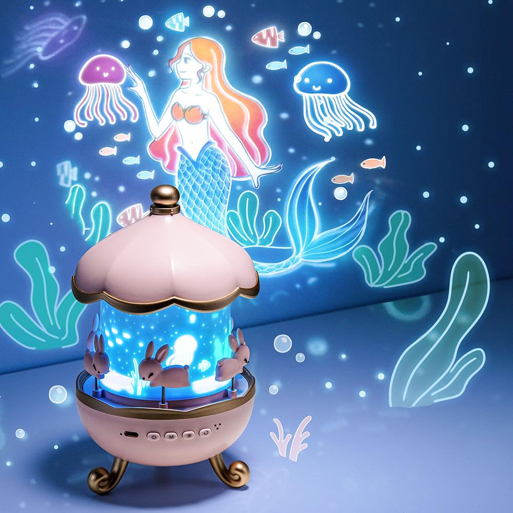 SAJANI Bunny Carousel Night Light Projector, 6 Set Films Rotating LED Lamp, Star Projection Light for A Magical Nursery Atmosphere, Rotatable Rabbit Night Lamp for Kids Room Decor (Bunny Night Light)